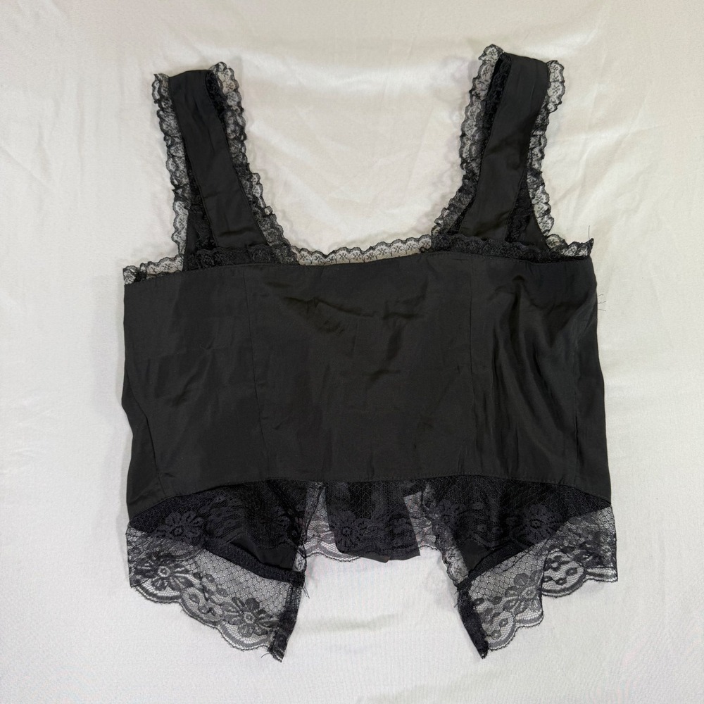 Black Lace Trim Tie Front Crop Top M Dark Romantic Y2K Victorian Coquette Goth
